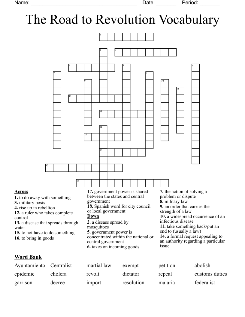 The Road to Revolution Vocabulary Crossword