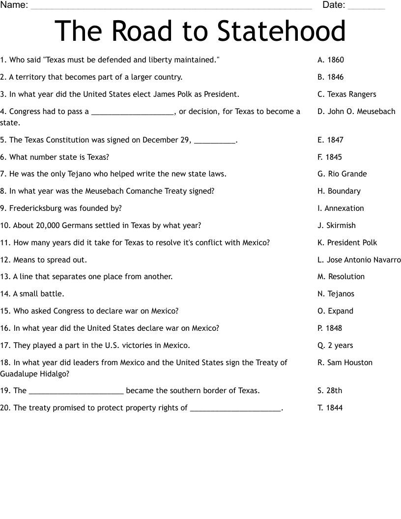 The Road to Statehood Worksheet