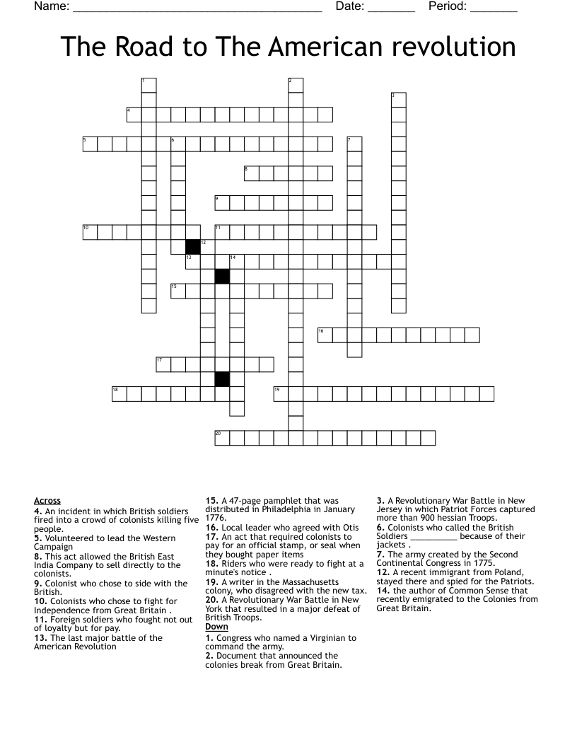 The Road to The American revolution Crossword