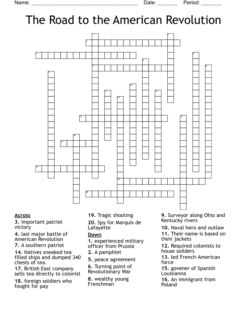 The Road to the American Revolution Crossword