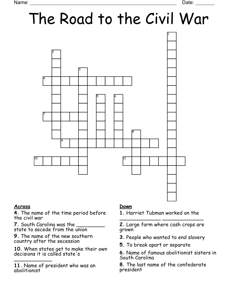 The Road to the Civil War Crossword