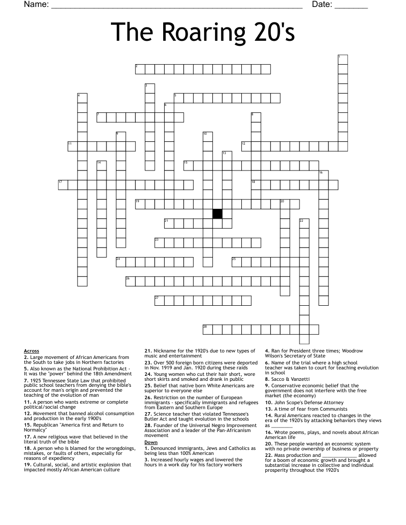 The Roaring 20's Crossword
