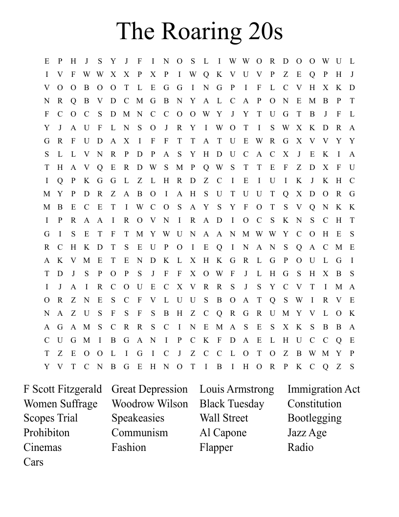 The Roaring 20s Word Search