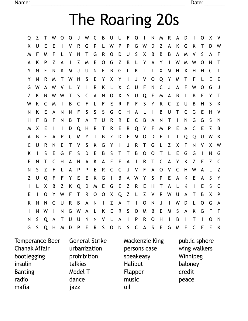 The Roaring 20s Word Search