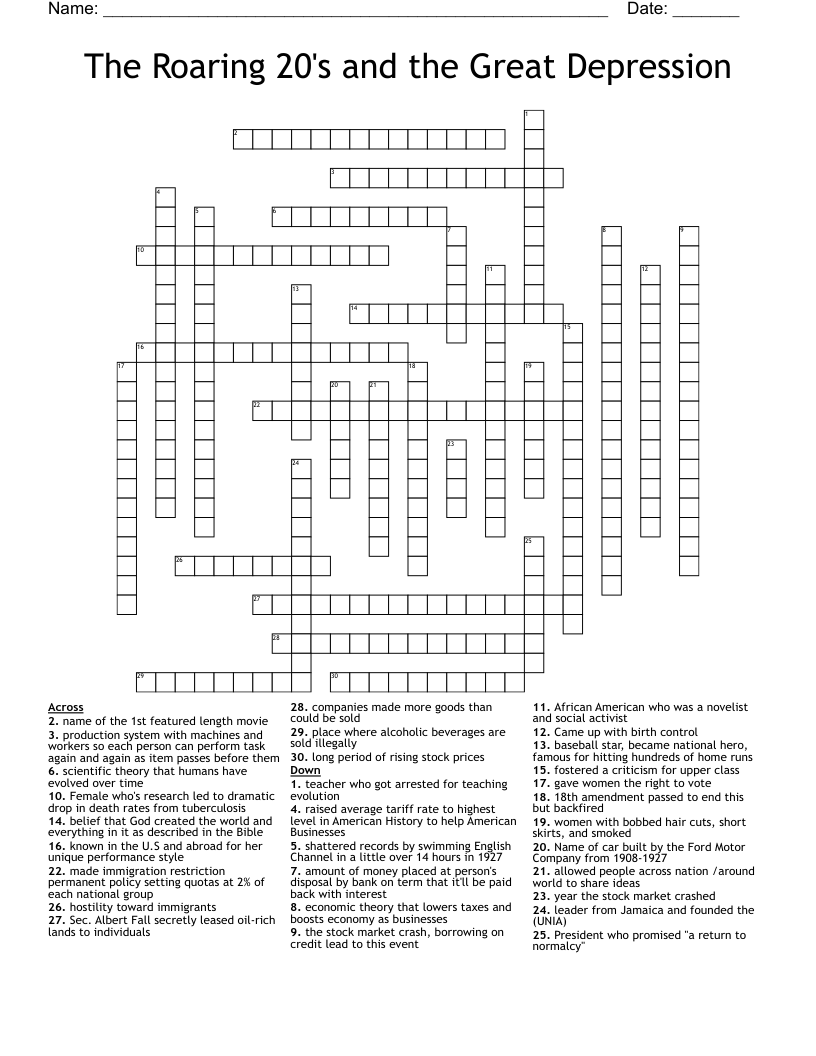 The Roaring 20's and the Great Depression Crossword