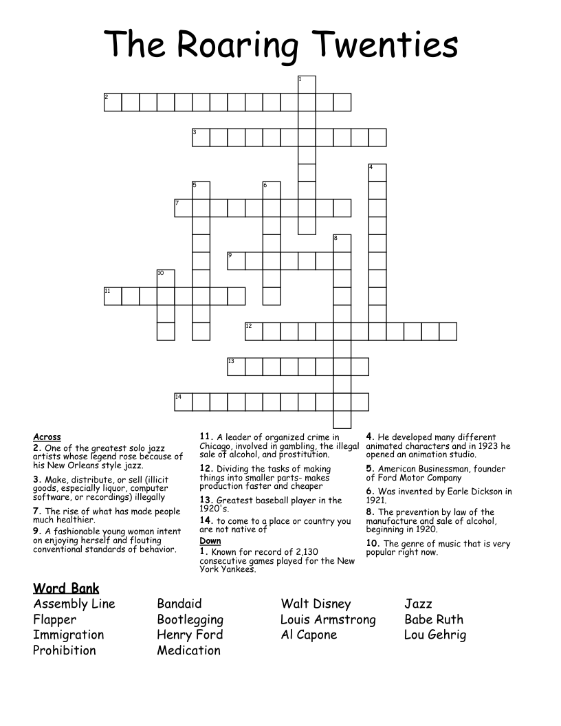 The Roaring Twenties  Crossword
