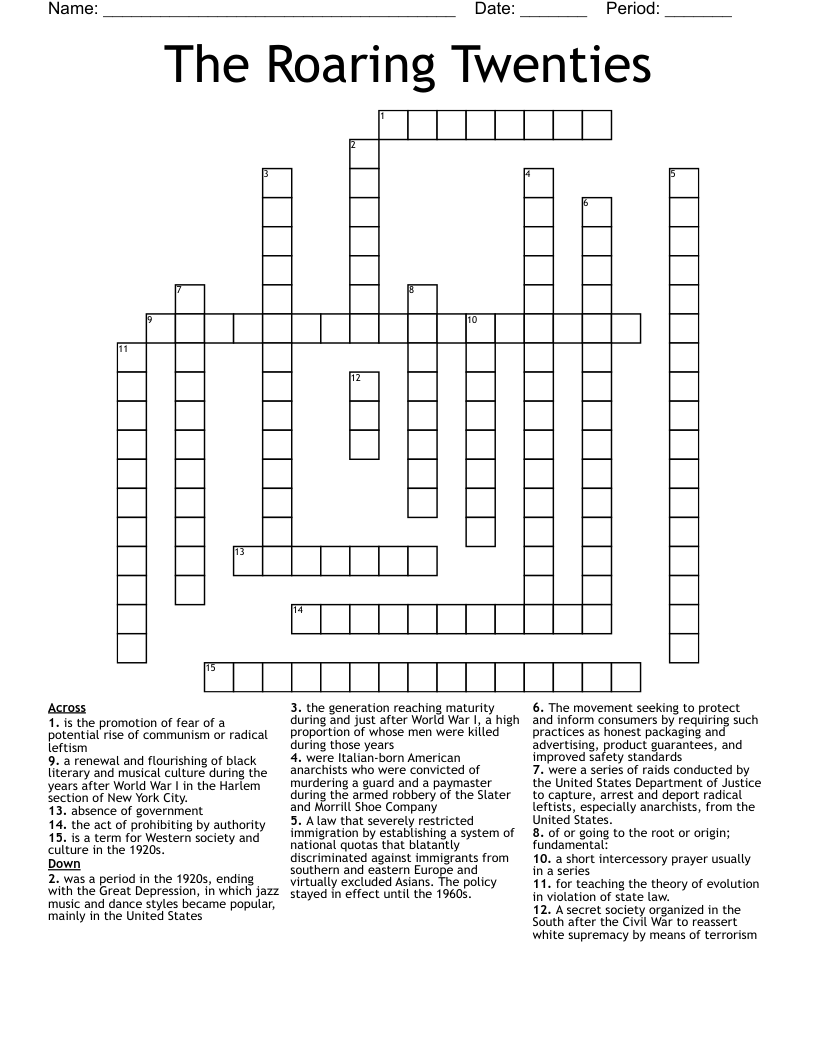 The Roaring Twenties  Crossword