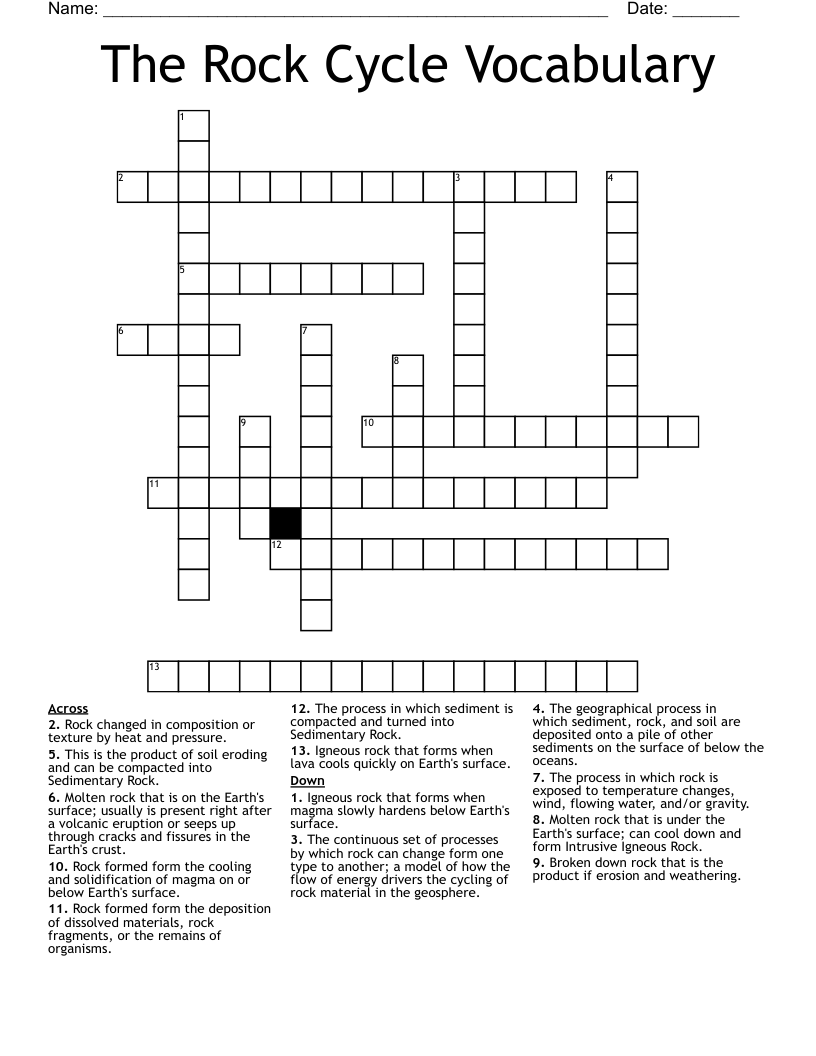The Rock Cycle Vocabulary Crossword