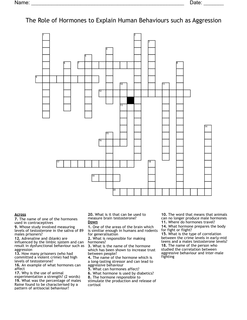The Role of Hormones to Explain Human Behaviours such as Aggression Crossword