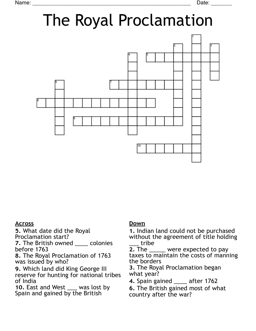 The Royal Proclamation  Crossword