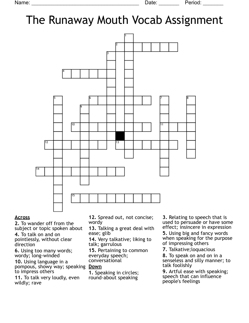 The Runaway Mouth Vocab Assignment Crossword