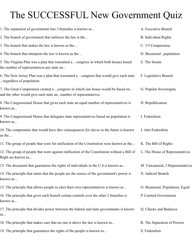 The SUCCESSFUL New Government Quiz Worksheet