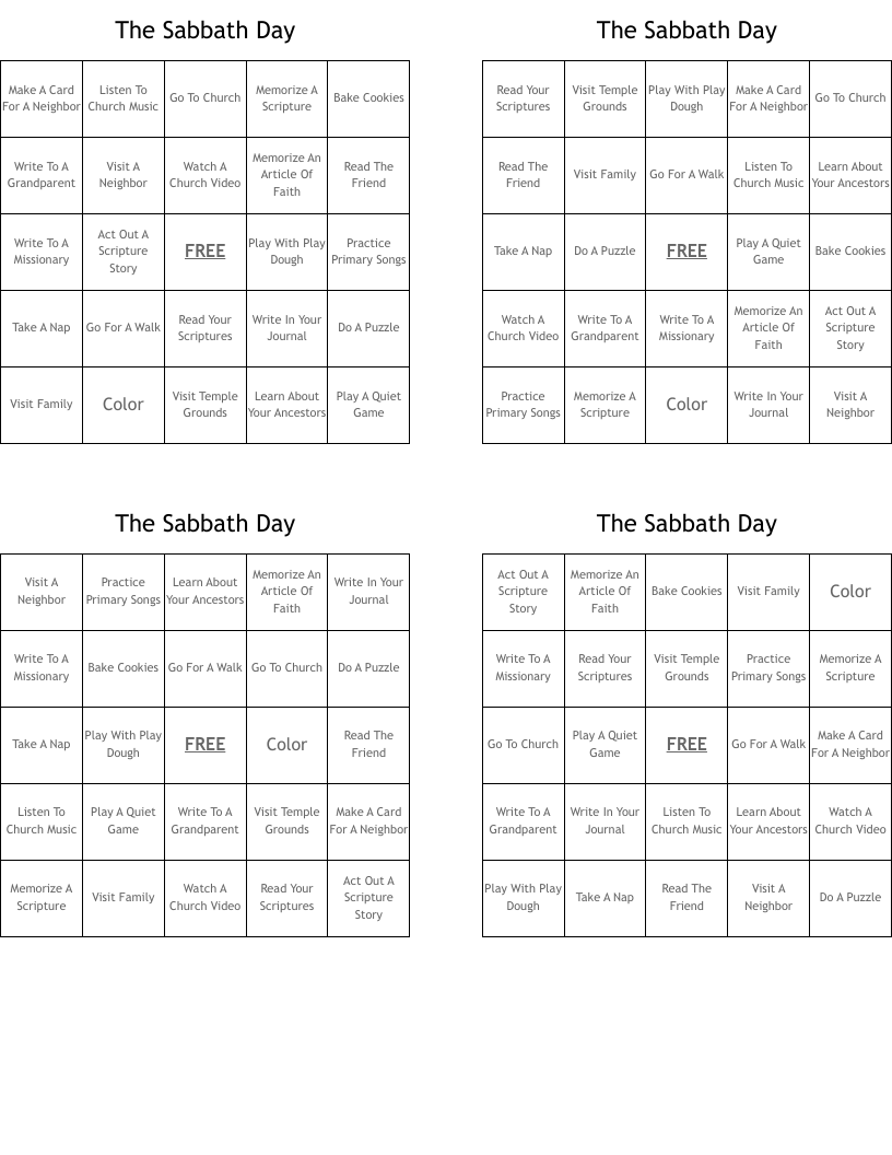 The Sabbath Day Bingo Cards