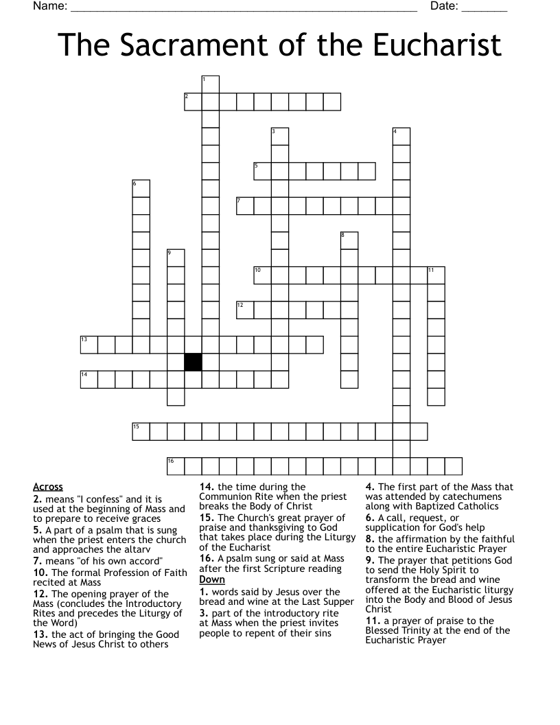 The Sacrament of the Eucharist Crossword