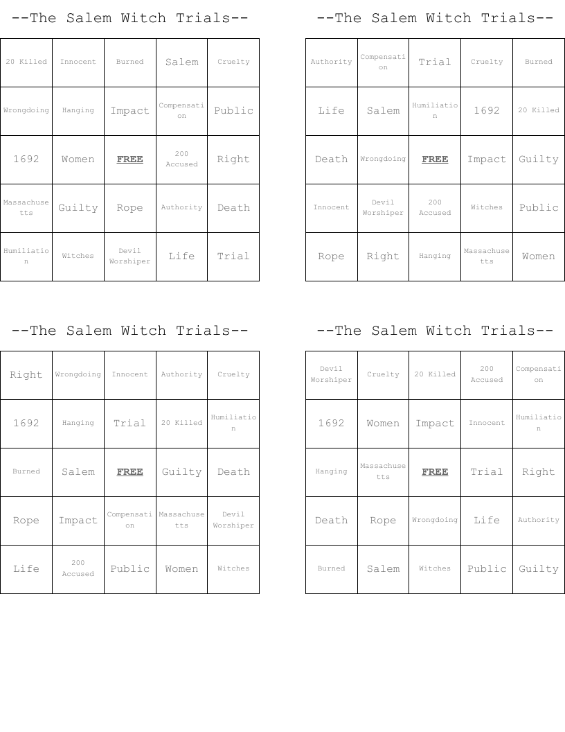 --The Salem Witch Trials-- Bingo Cards