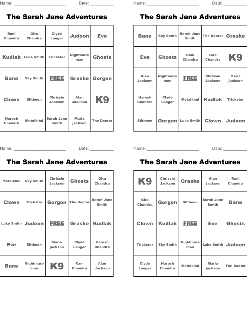 The Sarah Jane Adventures Bingo Cards