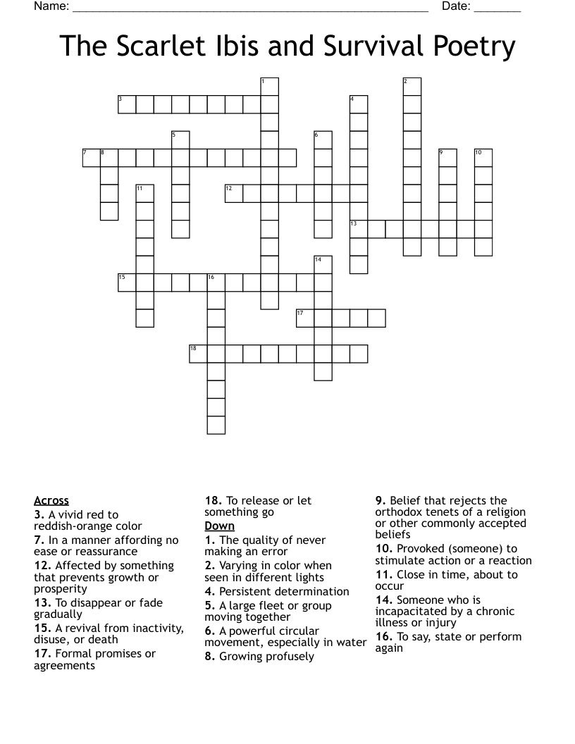 The Scarlet Ibis and Survival Poetry Crossword