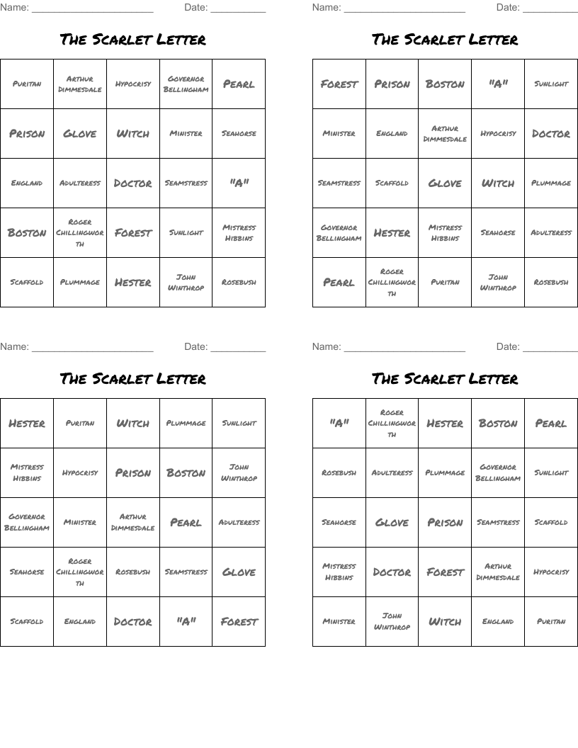 The Scarlet Letter Bingo Cards