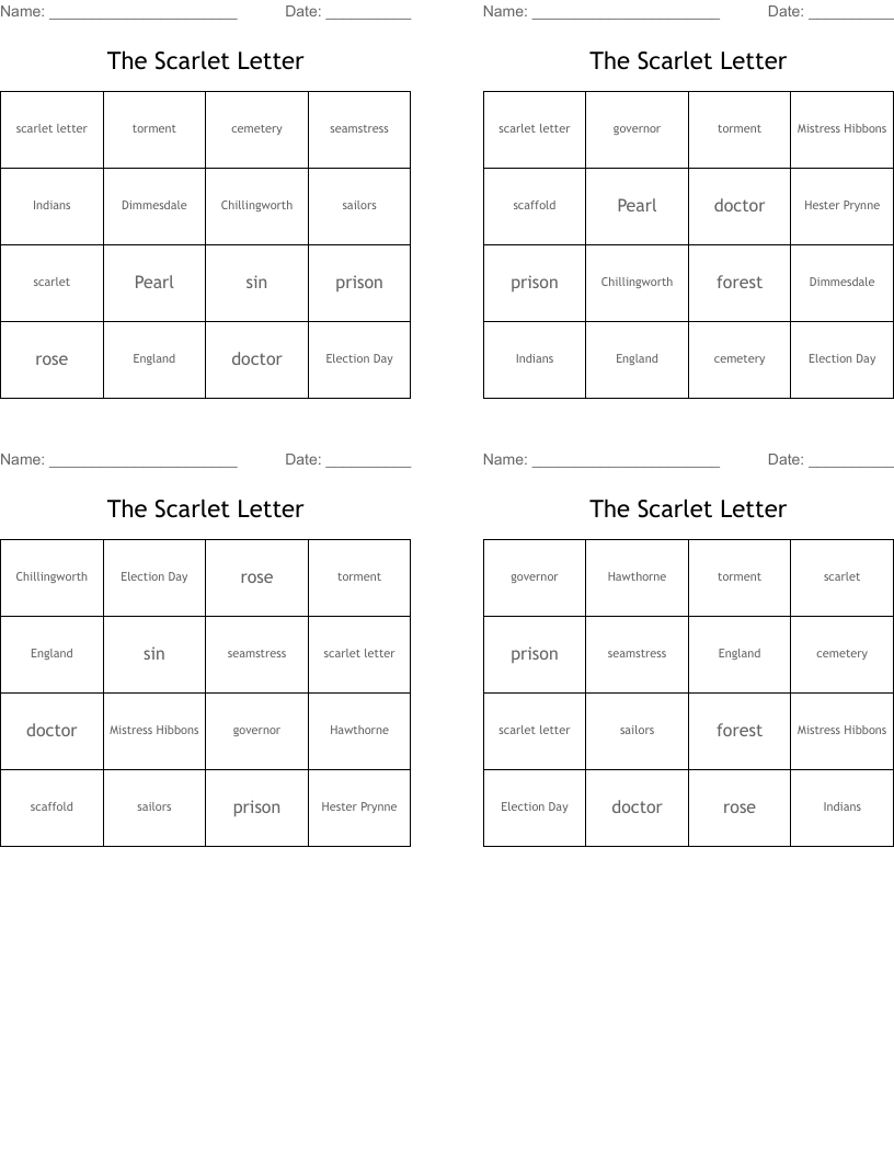 The Scarlet Letter Bingo Cards