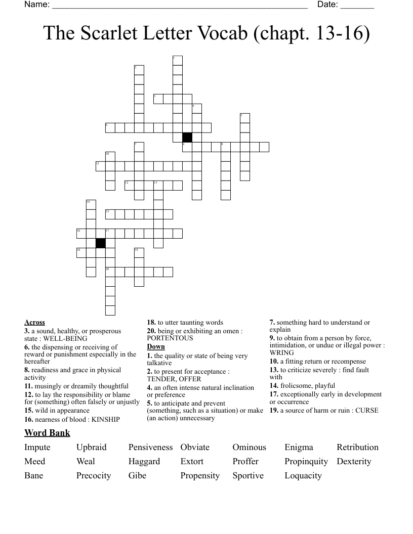 The Scarlet Letter Vocab (chapt. 13-16) Crossword