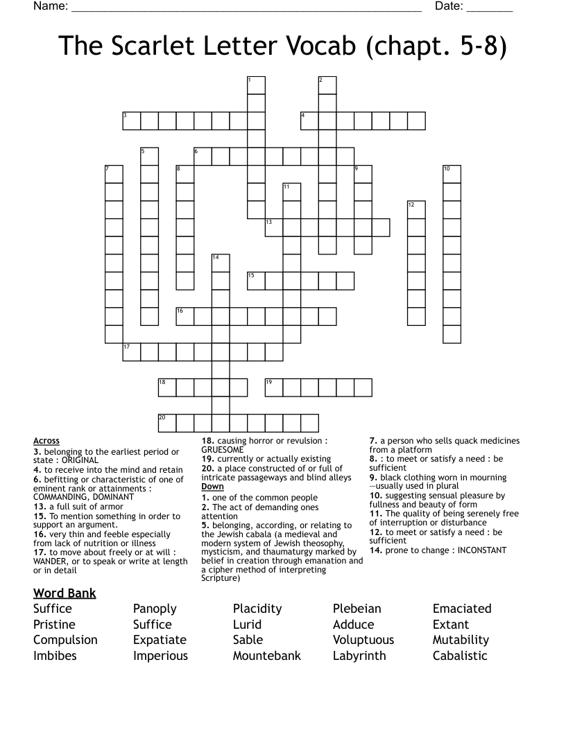 The Scarlet Letter Vocab (chapt. 5-8) Crossword