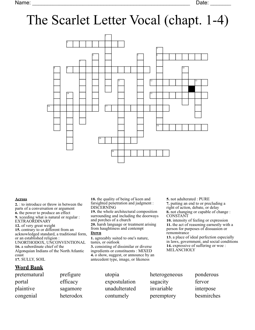 The Scarlet Letter Vocal (chapt. 1-4) Crossword