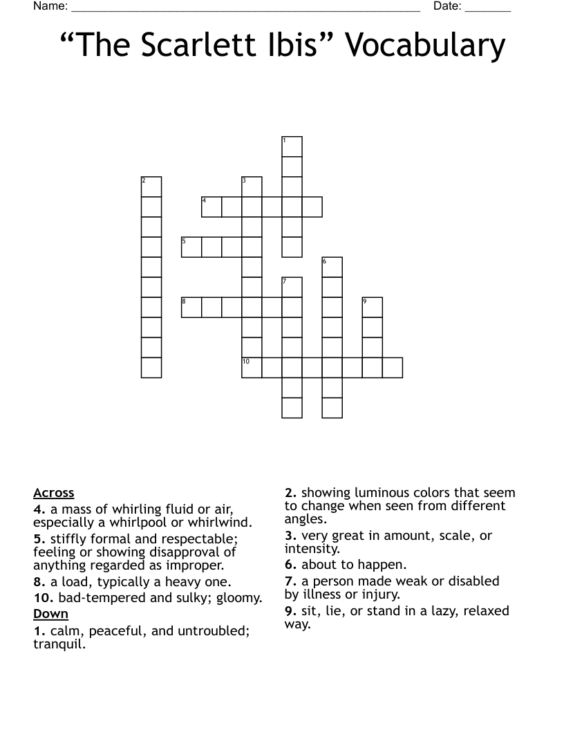“The Scarlett Ibis” Vocabulary Crossword