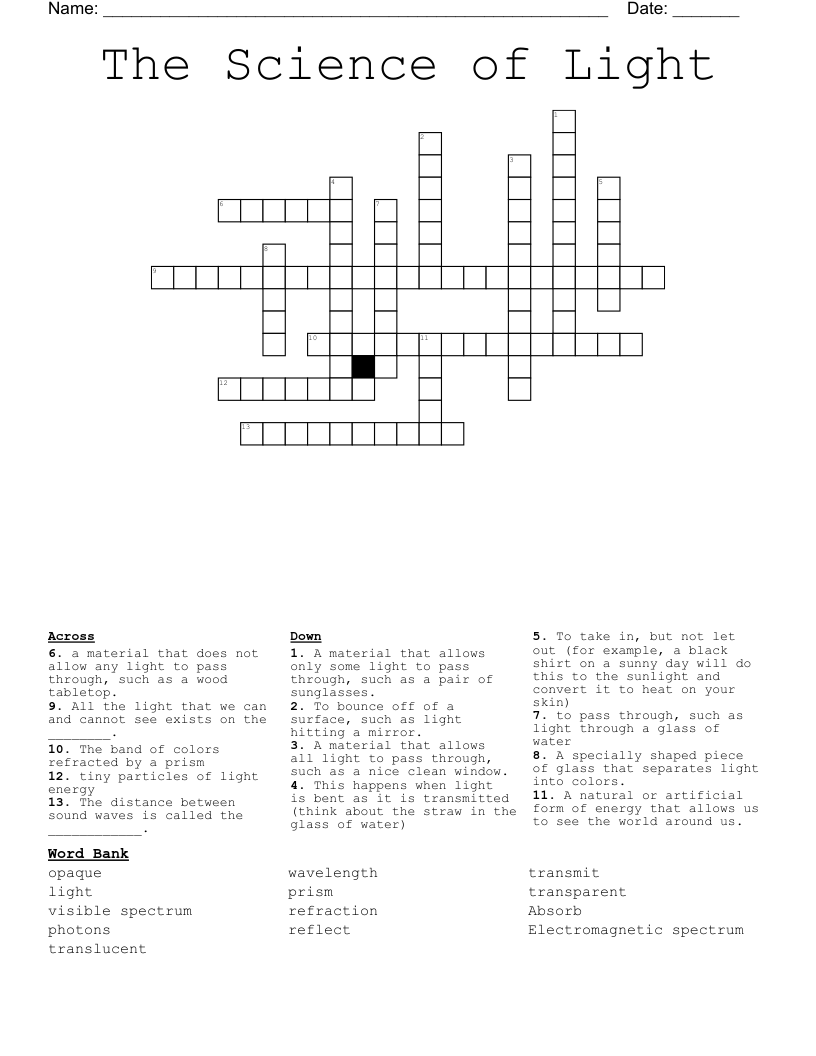 The Science of Light Crossword