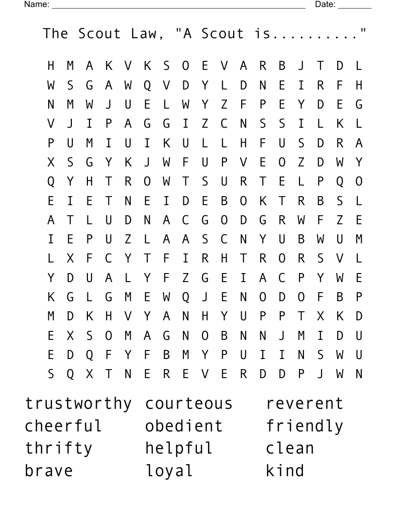 The Scout Law, "A Scout is.........." Word Search