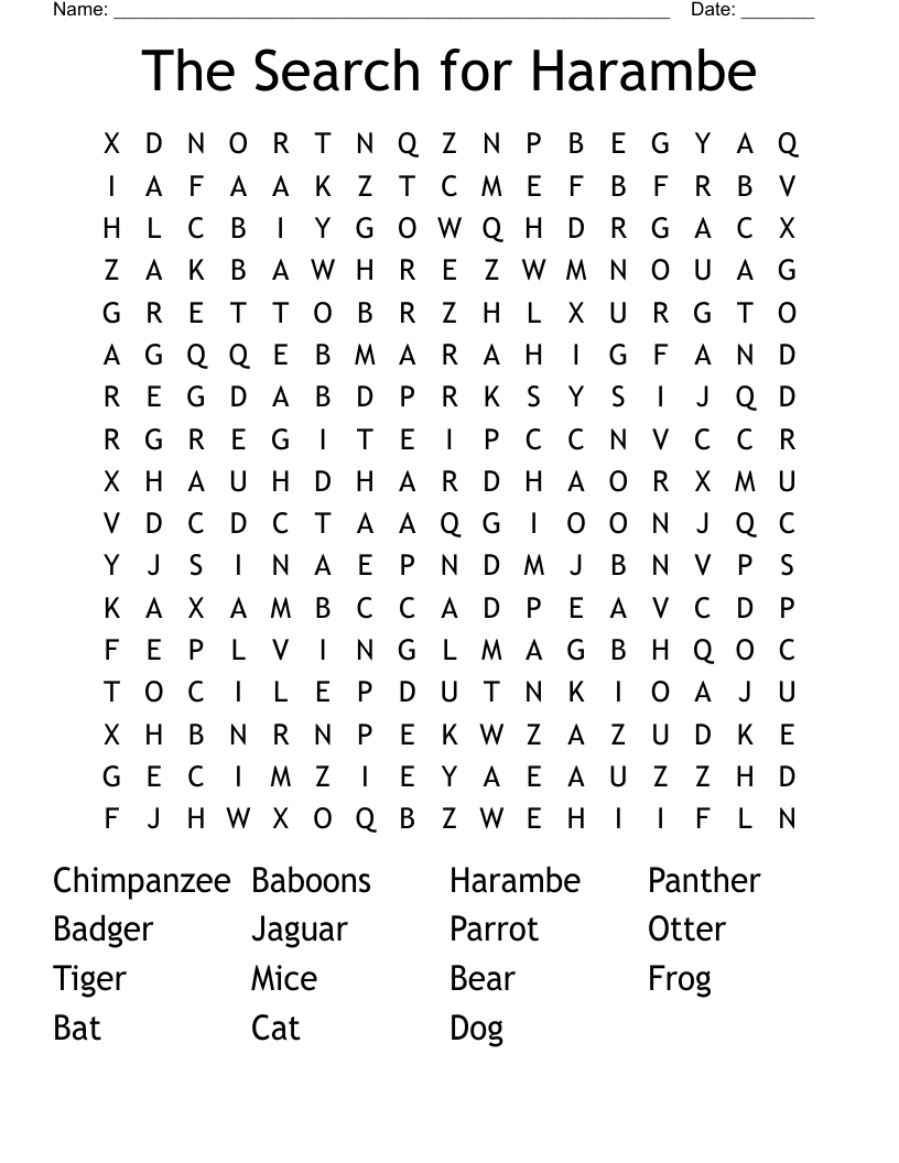 The Search for Harambe Word Search