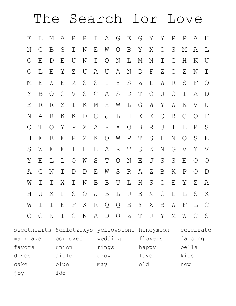 The Search for Love Word Search