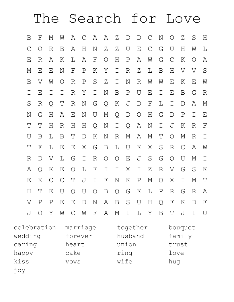 The Search for Love Word Search