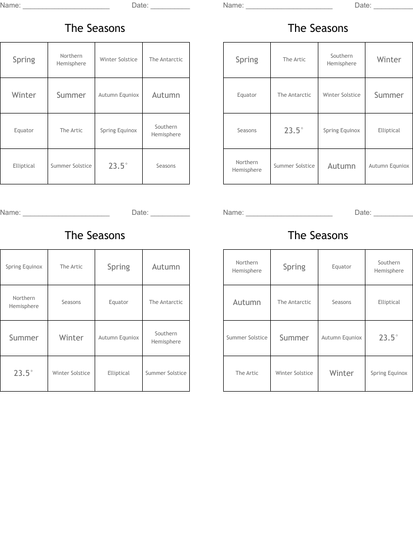 The Seasons Bingo Cards