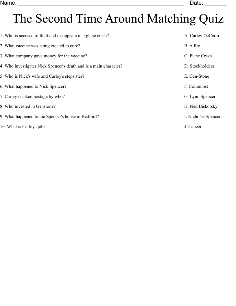 The Second Time Around Matching Quiz Worksheet