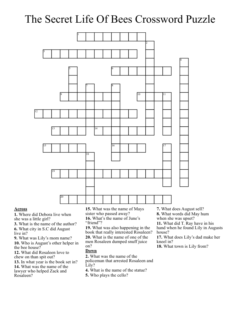 The Secret Life Of Bees Crossword Puzzle
