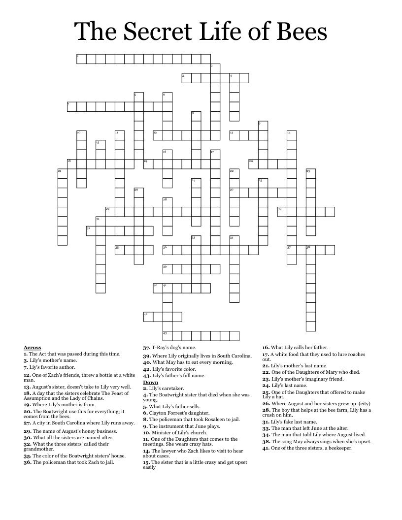 The Secret Life of Bees Crossword