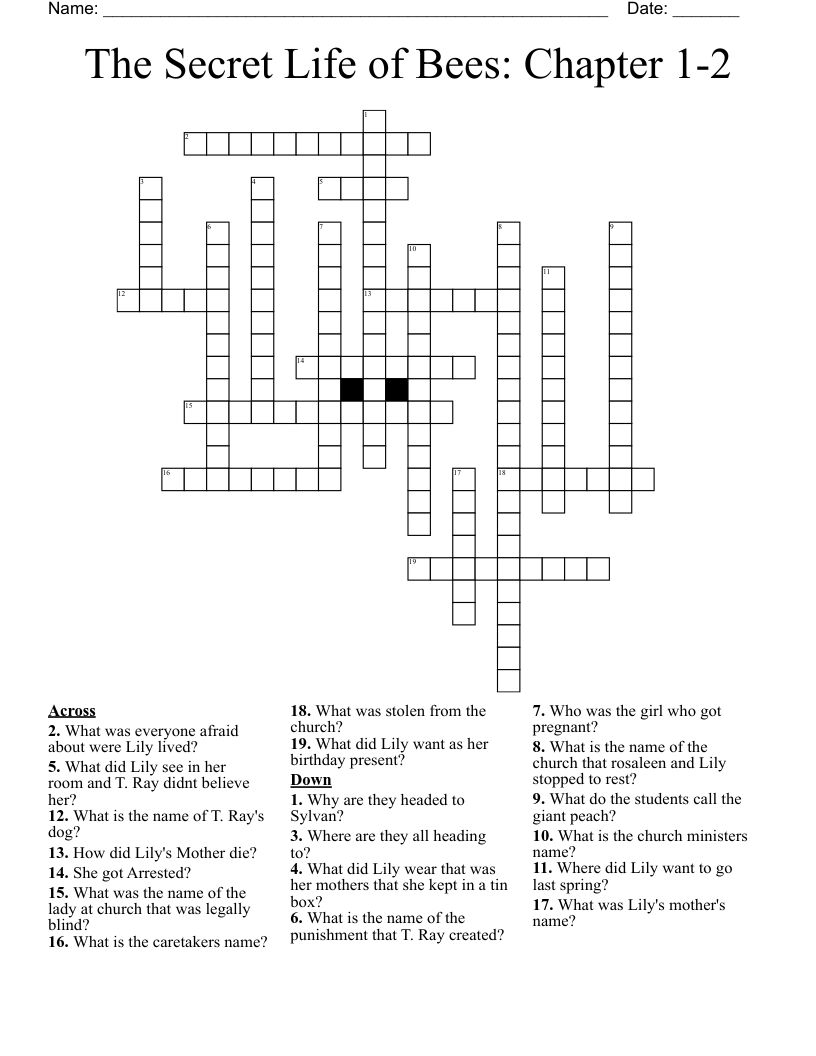 The Secret Life of Bees: Chapter 1-2 Crossword
