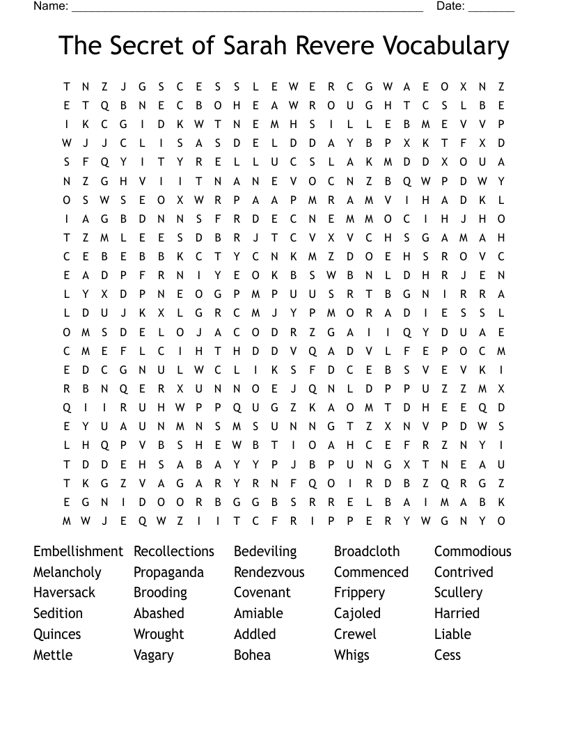 The Secret of Sarah Revere Vocabulary Word Search