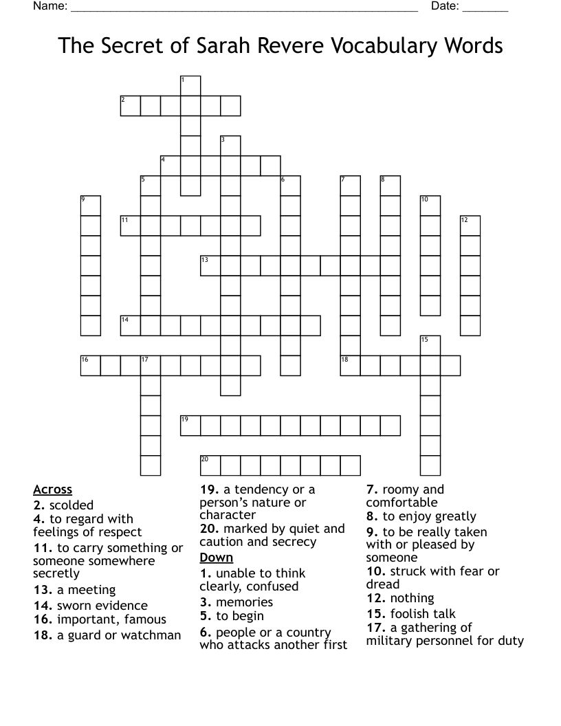The Secret of Sarah Revere Vocabulary Words Crossword