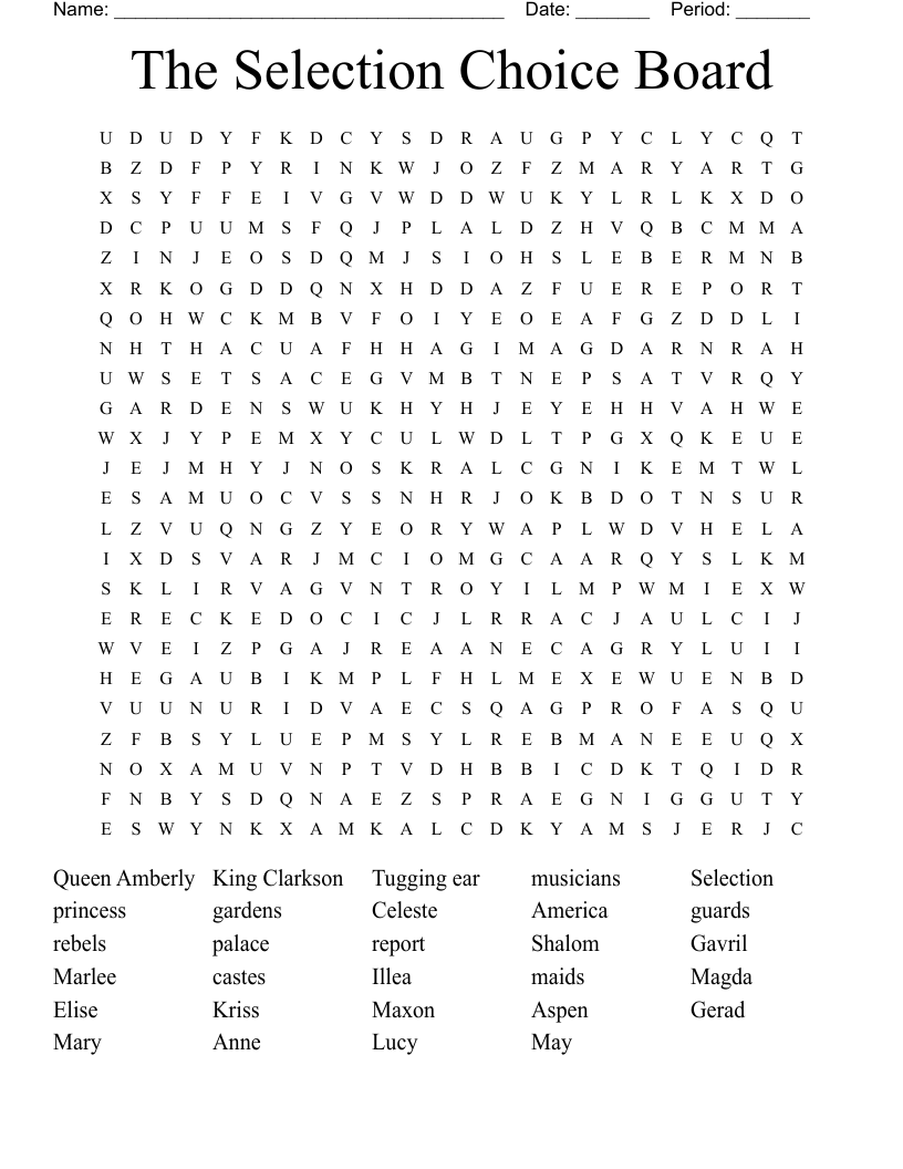 The Selection Choice Board Word Search