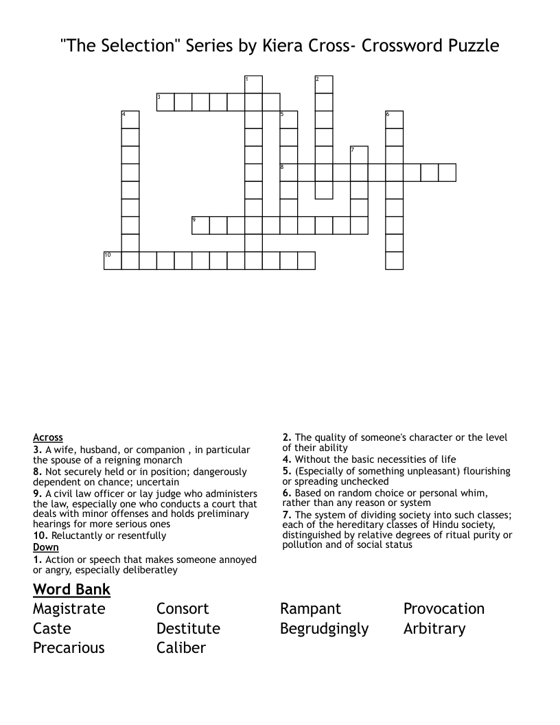 "The Selection" Series by Kiera Cross-  Crossword Puzzle