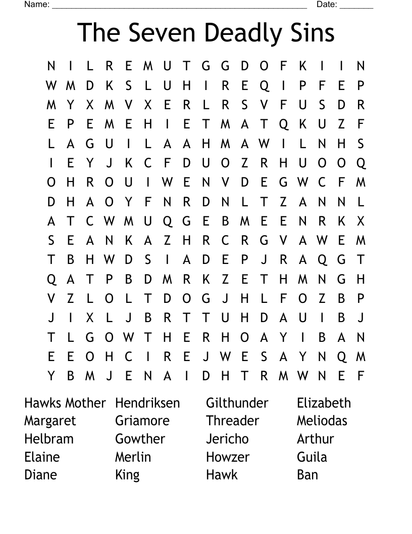 The Seven Deadly Sins Word Search