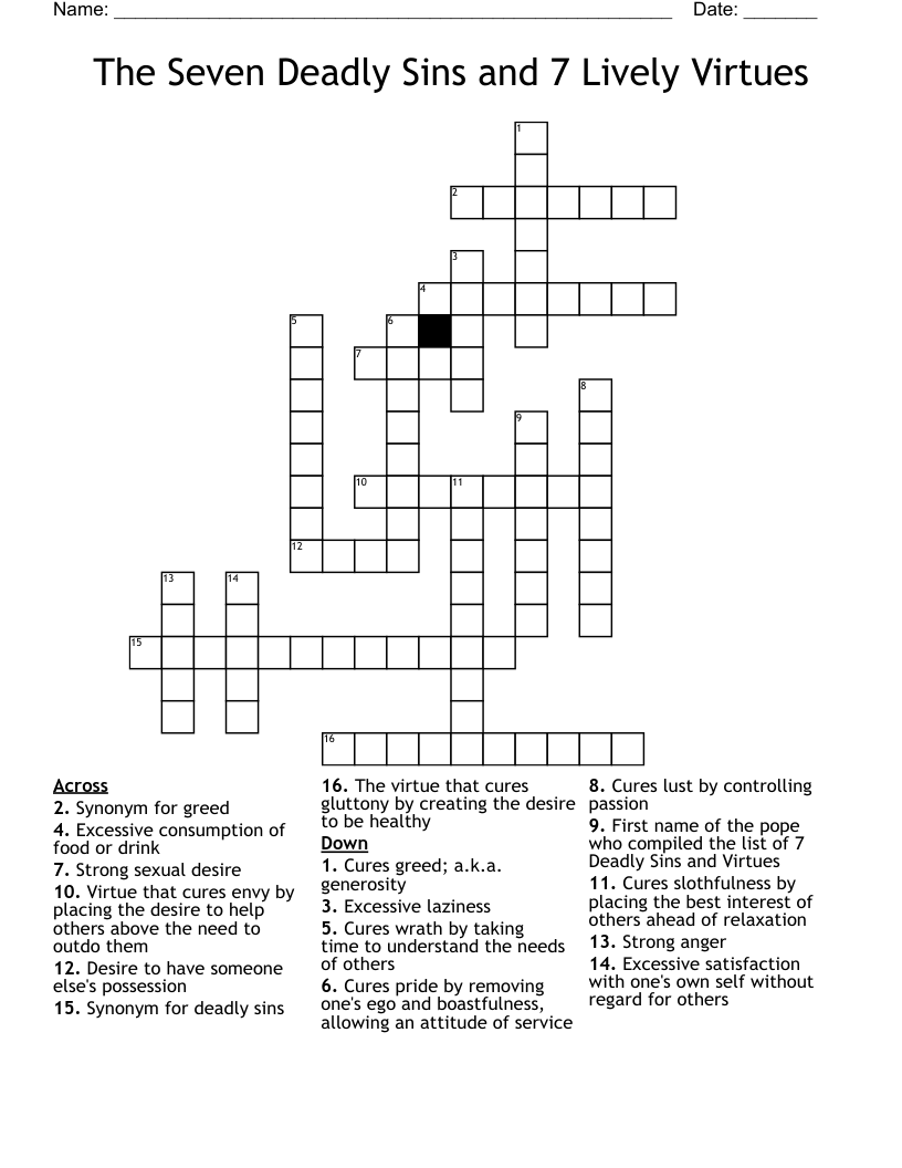 The Seven Deadly Sins and 7 Lively Virtues Crossword