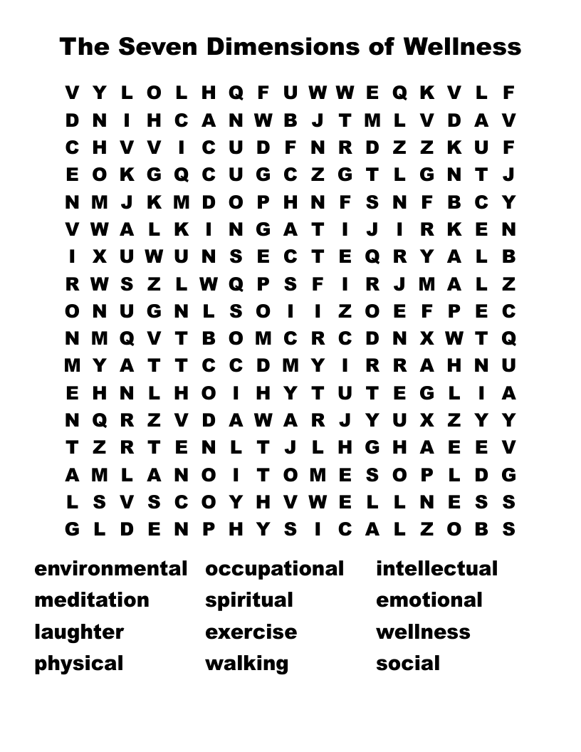 The Seven Dimensions of Wellness Word Search