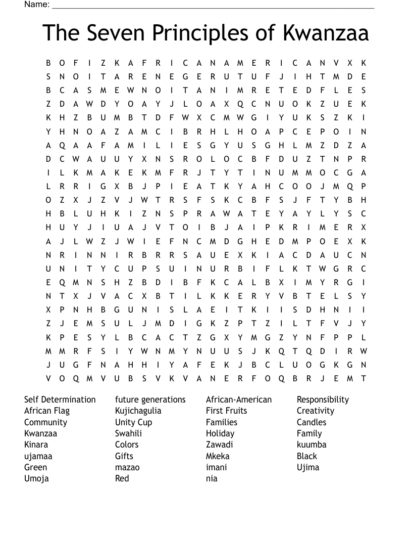 The Seven Principles of Kwanzaa Word Search