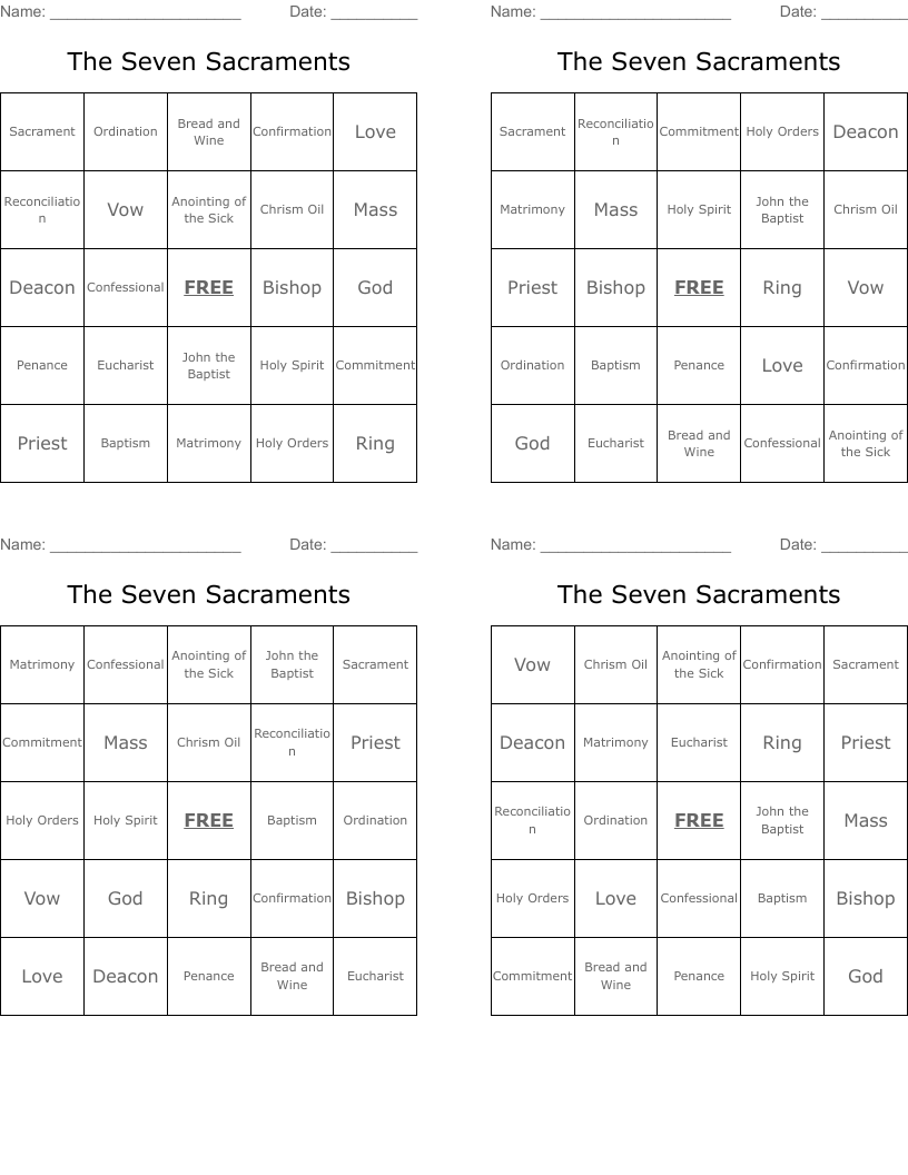 The Seven Sacraments Bingo Cards