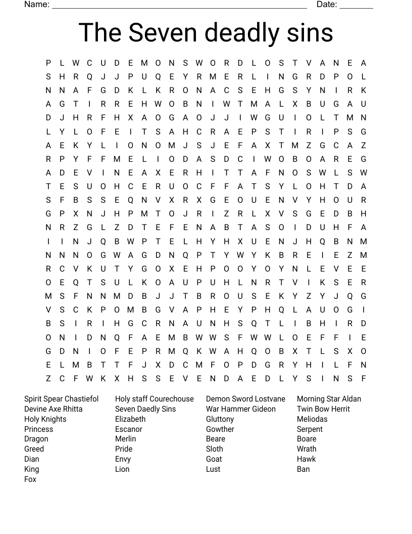 The Seven deadly sins  Word Search