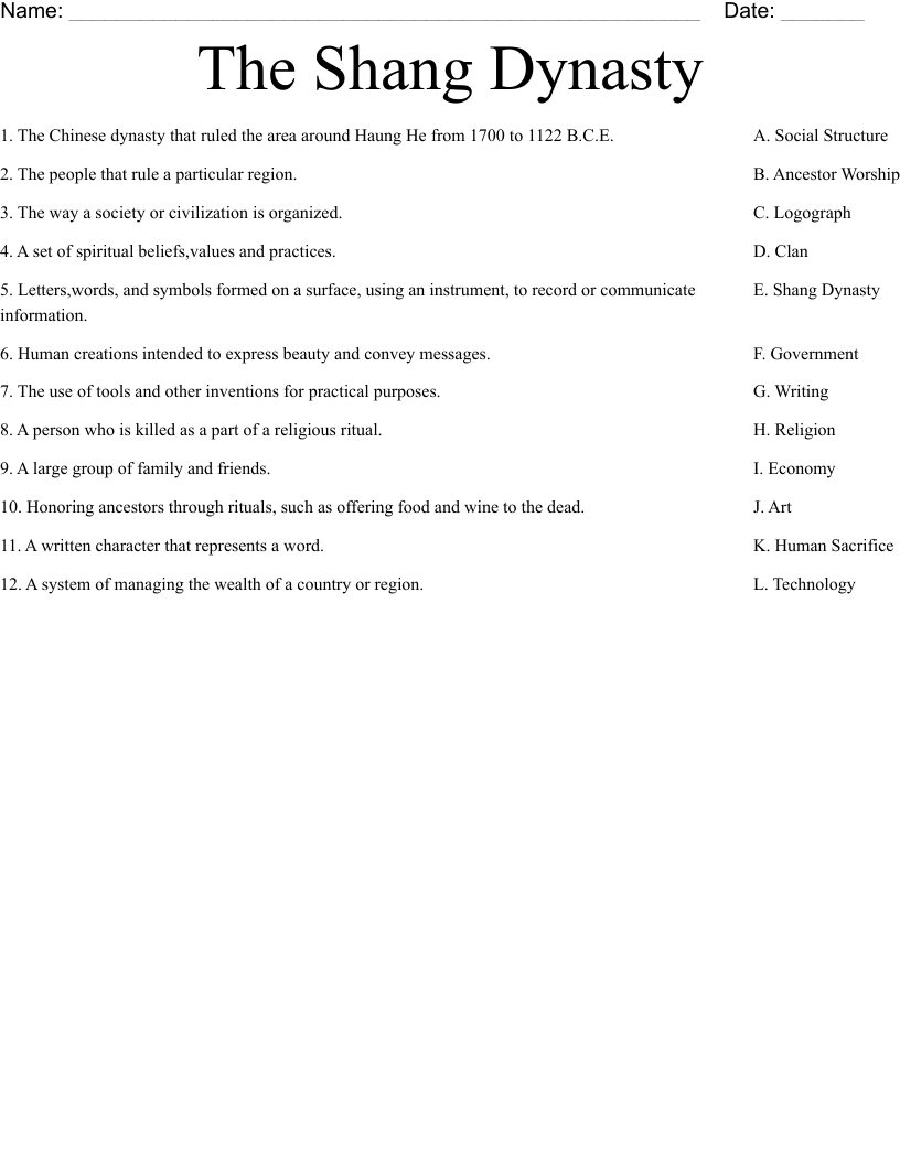 The Shang Dynasty  Worksheet