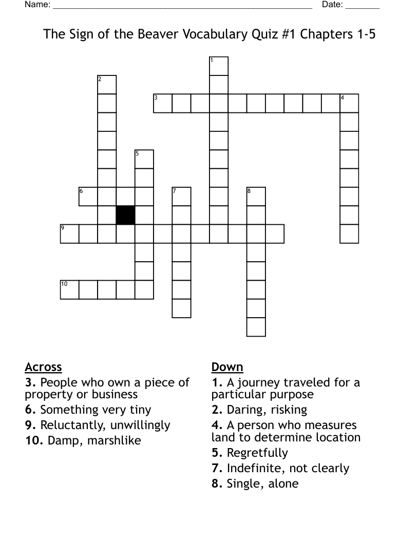 The Sign of the Beaver Vocabulary Quiz #1 Chapters 1-5 Crossword