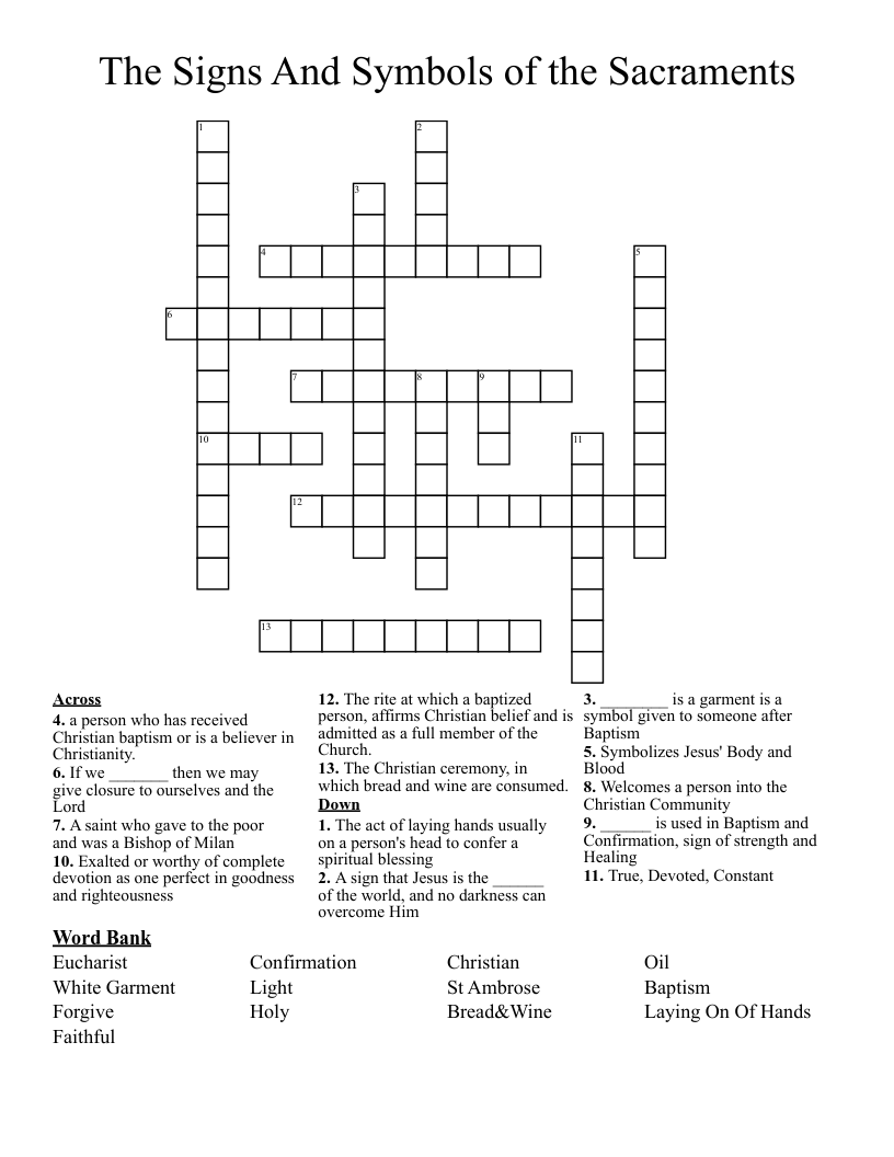 The Signs And Symbols of the Sacraments  Crossword